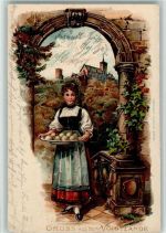 1906 Frau in Tracht mit Knödeln Vogtland Trachten Lithographie / Prägedruck