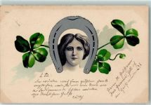 AK mit Glimmerauflage Jugendstil Frauenkopf Hufeisen 1901 Lithographie