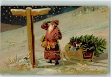 Merry Christmas Schlitten Tannenbaum Spielzeug AK Weihnachtsmann Lithographie / Prägedruck