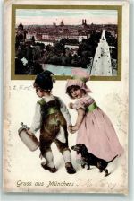 W8000 München Kinder Trachten Bierkrug Dackel 1906 Prägedruck