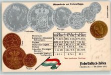 Prägedruck Münzen auf AK Nationalflagge Niederländisch-Indien