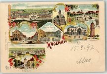 67500 Haguenau Hagenau 1897 Gebrauchsspuren Infanterie-Kaserne St. Georgs-Kirche Wasserturm Hopfenhalle Dragoner-Kaserne Landweg mit Postgebäude Artillerie-Kaserne Lithographie