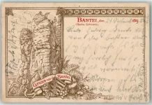 01847 O8351 Bastei 1896 Künstlerkarte Gruss Felsen Wappen Eichhörnchen sign. O. Seuffert