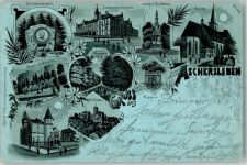 06449 O4320 Aschersleben , Sachs-Anh 1900 Lithographie / Mondschein Bismarckstein Cathrinen-Hospital Kriegerdenkmal Kirche Burgruine Ascania Stephans-Park Wappen Villa Douglas Post