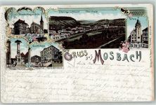 74821 W6950 Mosbach , Baden 1898 Gebrauchsspuren Palmsches Haus Kirche Rathaus Kriegerdenkmal Gewerbe-Schule Volksschule Realprogymnasium Lithographie