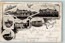 04860 O7290 Torgau 1897 Lithographie Brücken-Köpf Artillerie-Kaserne Rathaus Kirche