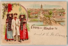 32423 W4950 Minden , Westf 1899 Lithographie Gruss Brücke Kirche Tracht Wappen Schwarz Rot