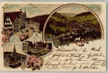 75365 W7260 Calw 1901 Gebrauchsspuren Lithographie Rathaus Kirche Nicolauskapelle
