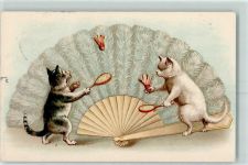 Katze vermenschlicht Badminton AK Fächer Lithographie / Künstlerkarte