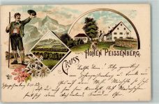 82380 W8123 Peißenberg Lithographie Zugspitze Hoher Peissenberg Wanderer