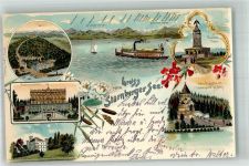 82335 W8137 Leoni , Starnberger See 1901 Lithographie Adelskorrespondenz Schloss Berg Rottmannshöhe Bismarckturm Kirche Votiv