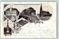 31275 W3160 Lehrte b Hannover 1898 Lithographie Schule Bahnhof Luther Kirche Bahnhof Kriegerdenkmal