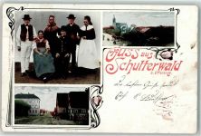 77746 W7601 Schutterwald 1907 Gebrauchsspuren Tracht Kirche Gruss Bahnpost Altenheim