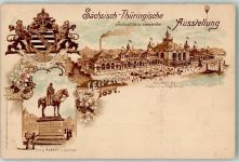 O7000 Leipzig Sächsisch-Thüringische Industrie- und Gewerbe-Ausstellung 1897 Haupthalle für Industrie und Maschinen Reiterstandbild König Albert v. Sachsen Wappen Privatganzsache Lithographie
