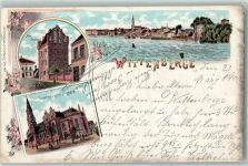 19322 O2900 Wittenberge , Prignitz 1900 Gebrauchsspuren Am Steintor Ev. Kirche Lithographie