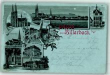 48727 W4425 Billerbeck , Westf 1898 Lithographie / Mondschein Dom Kath. Haus St. Johanni-Kirche Neue Schule St. Ludgerus Brunnen St. Ludgeri Hospital
