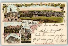 55232 W6508 Alzey Lithographie Rathaus Burgruine Bahnhof Kriegerdenkmal Eisenbahn Blumen Kirche Gruss