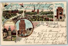 39576 O3500 Stendal 1907 Lithographie Bahnhof Nachtigalldenkmal Uenglinger Tor Tangermünder Tor
