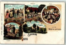 03222 O7543 Lübbenau Lithographie Spreewald Von der Wiege bis zum Grabe Taufe Kirchgang Tanz Tracht Hochzeit Begräbnis