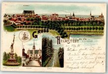38350 W3330 Helmstedt 1898 Lithographie Siegesdenkmal Strohmühlenteich St. Stefankirche
