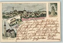 01454 O8142 Radeberg 1900 Lithographie Kgl. Amtsgericht Schloss Städt. Kirche Kriegerdenkmal