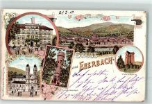 69412 W6930 Eberbach , Baden 1900 Lithographie Katzenbückel Pulverturm Kath. Kirche