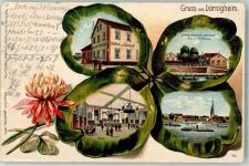 63477 W6457 Dörnigheim 1902 Gebrauchsspuren Prägedruck Gasthaus zur Mainlust Saal Garten Raddampfer