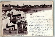 49626 W4576 Berge b Quakenbrück 1898 Lithographie Luth. Kirche Kriegerdenkmal Kath. Kirche