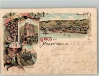 56254 W5401 Müden Mosel 1899 Gebrauchsspuren Lithographie Burg Elz Ruine Bischofstein Mosel