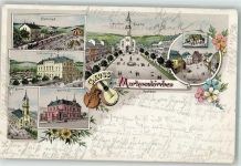 08258 O9659 Markneukirchen 1906 Gebrauchsspuren Lithographie Bahnhof Schützenhaus Kaiserl. Postamt Marktplatz