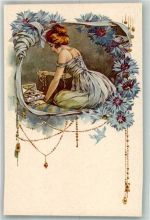 Schmuck Kornblumen sign. G.M. Serie 75-5 Perlen Edelsteine Art Deco Künstlerkarte