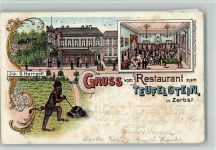 39261 O3400 Zerbst 1901 BOAKC Gasthauf Zum Teufelstein G. Herrgott Teufel Billard Lithographie