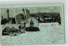 95028 W8670 Hof , Saale 1900 Lithographie / Mondschein Labyrinth Rathaus Postgebäude Thomashöhe