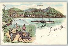 53639 W5330 Drachenfels Lithographie Königswinter Rheindampfer Esel