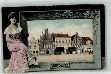 17489 O2200 Greifswald , Hansestadt Passepartout Die alten Häuser am Markt Junge Frau