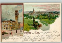 95028 W8670 Hof , Saale 1900 Lithographie Rathaus Saalepartie