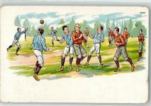 Zwei Mannschaften Rot gepunktet und Blau-weiß im Spiel gegeneinader Fußballmannschaft Lithographie