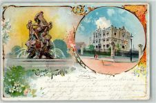 90762 W8510 Fürth , Bay 1899 Lithographie Kunstbrunnen Theater Laterne Blumen Gruss sign.
