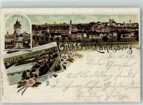 86899 W8910 Landsberg a. Lech Gebrauchsspuren Mutterturm Kirche Gruss Bumen Lithographie