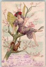 vermenschlicht Eichhörnchen Schmetterling 1906 Lithographie / Künstlerkarte