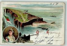 27498 W2192 Helgoland 1898 Lithographie Insel Schiff Frau Tracht Netz Fischer Fahne Grün Rot Weiß Kirche
