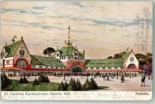 W8000 München Festhalle 15. Deutsches Bundesschiessen Meisnebach Riffarth & Co. Schützenfest 1906 Lithographie