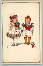 Kinder mit Glücksklee im Topf Neujahr Meissner u. Buch Serie 2318 Döring, L. / LD Künstlerkarte