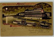 56370 W5429 Biebrich 1908 Gebrauchsspuren Lithographie Hotel Nassau bei Nacht