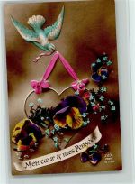 Weissblaue Taube bringt ein Herz mit Blumen Taube