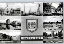 49808 W4450 Lingen (Ems) - Rathaus, Alter Hafen, St. Bonifatius Hospital, Kirche, Erdölraffinerie, Ehrenmal