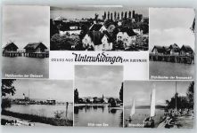 88690 W7772 Unteruhldingen , Bodensee - Am Hafen, Blick vom See, Strandbad, Pfahlbauten