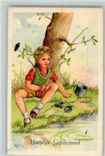 Hartelijk Gefeliciteerd - Junge beim Angeln - sign Dick H. Angeln 1959