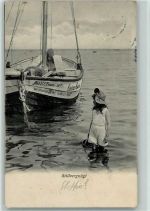 Stillvergnügt - Segelboot, Mädchen mit einem Korb im Wasser AK Angeln 1909