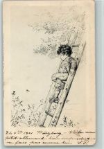 Angst vor der Biene - Kind steht auf der Leiter AK Biene 1901 Künstlerkarte